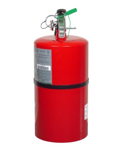 Portable fire extinguisher with Halotron I, 15.5 lbs, class ABC, ULC 2-A:10B:C, with wall hook.