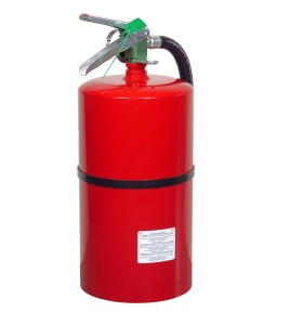 Portable fire extinguisher with Halotron I, 15.5 lbs, class ABC, ULC 2-A:10B:C, with wall hook.