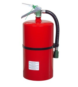 Portable fire extinguisher with Halotron I, 15.5 lbs, class ABC, ULC 2-A:10B:C, with wall hook.