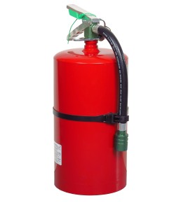 Portable fire extinguisher with Halotron I, 15.5 lbs, class ABC, ULC 2-A:10B:C, with wall hook.