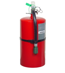 Portable fire extinguisher with Halotron I, 15.5 lbs, class ABC, ULC 2-A:10B:C, with wall hook.