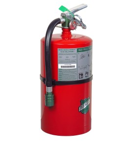 Portable fire extinguisher with Halotron I, 15.5 lbs, class ABC, ULC 2-A:10B:C, with wall hook.