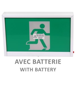 Enseigne avec pictogramme vert «personne qui court» pour sortie de secours, avec DEL, boîtier en métal, batterie incluse