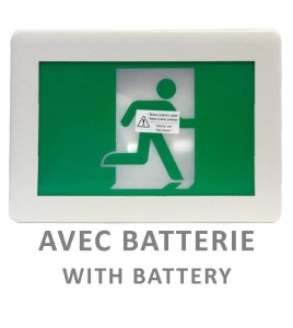 Enseigne avec pictogramme vert «personne qui court» pour sortie de secours, avec DEL, boîtier en plastique, batterie incluse