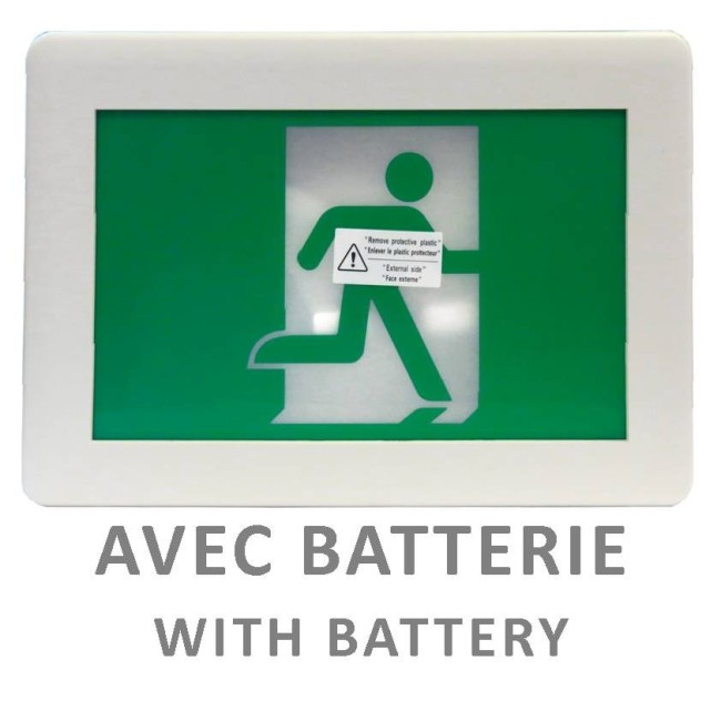 Enseigne avec pictogramme vert «personne qui court» pour sortie de secours, avec DEL, boîtier en plastique, batterie incluse