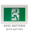 Enseigne avec pictogramme vert «personne qui court» pour sortie de secours, avec DEL, boîtier en plastique, batterie incluse