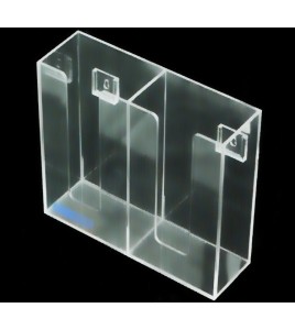 Clear acrylic glove box holder with 2 vertical bins, for wall mounting or table mounting.