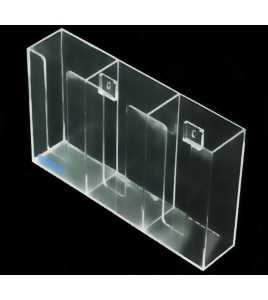 Clear acrylic glove box holder with 3 vertical bins, for wall mounting or table mounting.