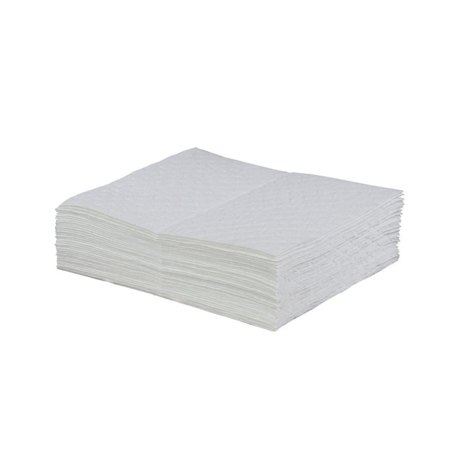 Hydrocarbon absorbent pads, 100 pads by box, absorb 74 oz. per pad. Dimensions: 16 in. X 20 in. X 3/8 in.  