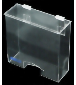 Clear acrylic hairnet dispenser with flat hinged lid and rectangular bottom opening, for wall mounting or table mounting.