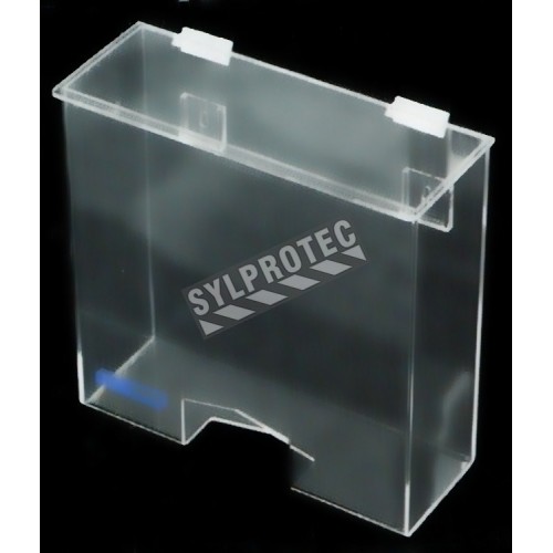 Clear acrylic hairnet dispenser with flat hinged lid and rectangular bottom opening, for wall mounting or table mounting.