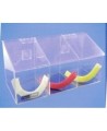 Clear acrylic hairnet dispenser with 3 bins and slanted hinged lid, for wall mounting or table mounting.