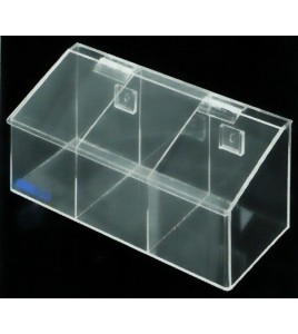 Clear acrylic hairnet dispenser with 3 bins and slanted hinged lid, for wall mounting or table mounting.