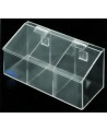 Clear acrylic hairnet dispenser with 3 bins and slanted hinged lid, for wall mounting or table mounting.