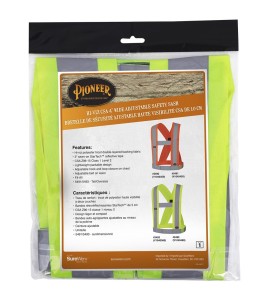 Hi-viz traffic sash, fluorescent yellow with retroreflective stripes, CSA Z96-15 class 1 level 2.