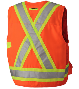 High-visibility orange surveyor vest with 14 pockets, CSA Z96-15 class 2 level 2.