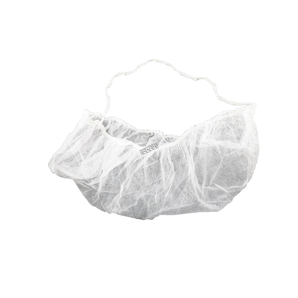 Beard net, white mesh (100/pkg). Disposable product after use.