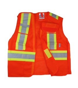 High-visibility orange safety vest, 4 sizes, CSA Z96-15 class 2 level 2, 4 pockets.