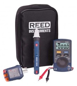 Combo household electrical test kit with 3 instruments and carrying case.