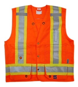 High-visibility orange surveyor vest with 14 pockets, CSA Z96-15 class 2 level 2.