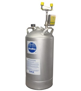 Portable eyewash station with 10 gallon (37.9 L) pressurized tank, certified ANSI Z358.1-2009.