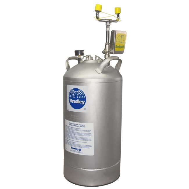 Portable eyewash station with 10 gallon (37.9 L) pressurized tank, certified ANSI Z358.1-2009.