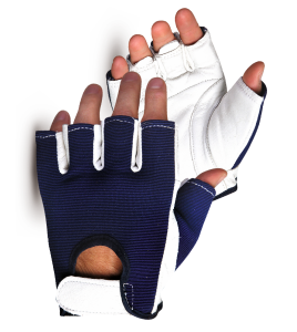 Vibrastop goatskin & nylon half-finger vibration-dampening gloves with adjustable padded wrist straps. Sold by the pair.