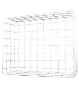 Wire mesh protective cage guard for emergency lights and other exposed equipment.