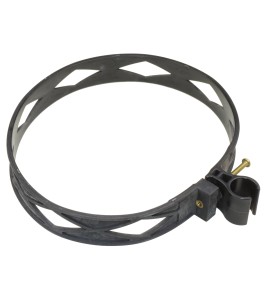 Heavy-duty black plastic extinguisher strap with hose clip, for Amerex Class D fire extinguishers.