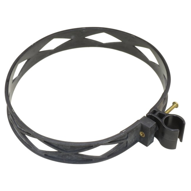 Heavy-duty black plastic extinguisher strap with hose clip, for Amerex Class D fire extinguishers.