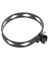 Heavy-duty black plastic extinguisher strap with hose clip, for Amerex Class D fire extinguishers.