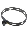 Heavy-duty black plastic extinguisher strap with hose clip, for Amerex Class D fire extinguishers.