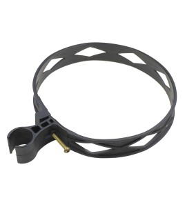 Heavy-duty black plastic extinguisher strap with hose clip, for 20 lbs carbon dioxide (CO2) fire extinguishers.