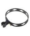 Heavy-duty black plastic extinguisher strap with hose clip, for 20 lbs carbon dioxide (CO2) fire extinguishers.