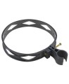 Heavy-duty black plastic extinguisher strap with hose clip, for 10 lbs & 15 lbs carbon dioxide (CO2) fire extinguishers.