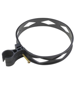 Heavy-duty black plastic extinguisher strap with hose clip, for 10 lbs & 15 lbs carbon dioxide (CO2) fire extinguishers.