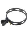 Heavy-duty black plastic extinguisher strap with hose clip, for 10 lbs & 15 lbs carbon dioxide (CO2) fire extinguishers.