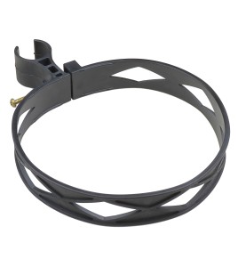 Heavy-duty black plastic extinguisher strap with hose clip, for 10 lbs & 15 lbs carbon dioxide (CO2) fire extinguishers.