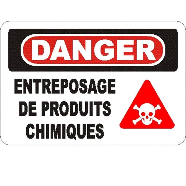 Affiche OSHA «Danger Entreposage de produits chimiques» en français: langues, options, formats & matériaux variés