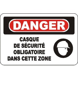 Affiche OSHA «Danger Casque de sécurité obligatoire dans cette zone» en français: langues, options, formats & matériaux variés