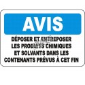 Affiche OSHA «Avis Déposer et entreposer les produits chimiques et solvants dans les contenants prévus à cette fin» avec options