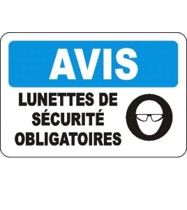 Affiche OSHA «Avis Lunettes de sécurité obligatoires» en français: langues, options, formats & matériaux variés