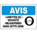 French OSHA “Notice Safety Eyewear Mandatory in this Zone” sign in various sizes, materials, languages & optional features