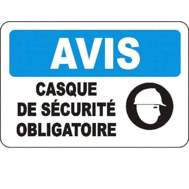 French OSHA “Notice Safety Helmet Mandatory” sign in various sizes, materials, languages & optional features