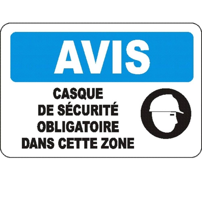 Affiche OSHA «Avis Casque de sécurité obligatoire dans cette zone» en français: langues, options, formats & matériaux variés