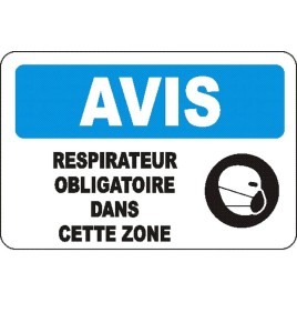 French OSHA “Notice Respirator Mandatory in this Area” sign in various sizes, materials, languages & optional features