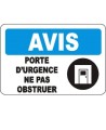 French OSHA “Notice Emergency Door Do Not Obstruct” sign in various sizes, materials, languages & optional features