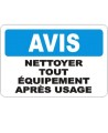 Affiche OSHA «Avis Nettoyer tout équipement après usage» en français: langues, options, formats & matériaux variés