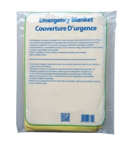 Multipurpose emergency blanket made of tissue and poly, packaged individually. 56" x 88.5" (142 cm x 225 cm).