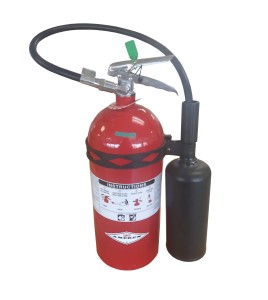 Heavy-duty black plastic extinguisher strap with hose clip, for 10 lbs & 15 lbs carbon dioxide (CO2) fire extinguishers.